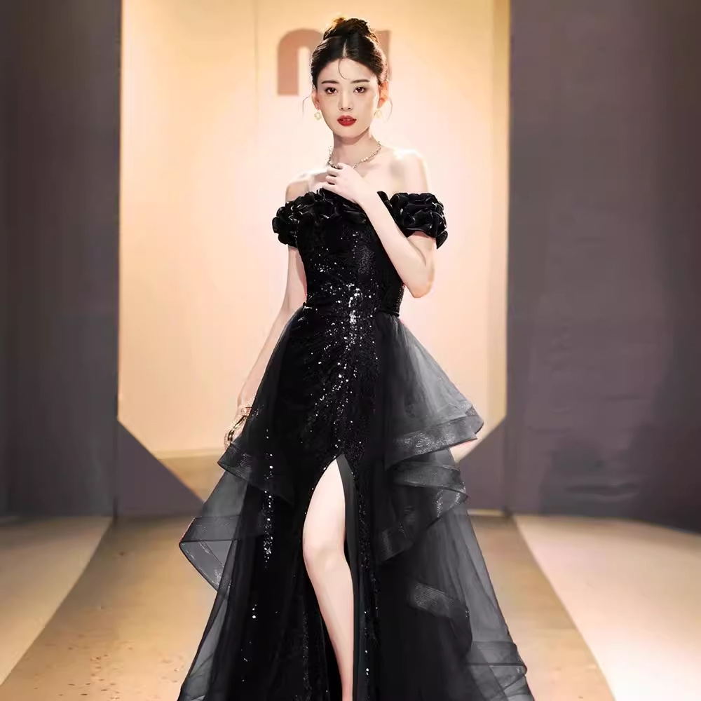 Đầm dạ hội lệch vai đen đính sequin ôm body dáng dài — Màu đen (lưới không thể tháo rời), Màu đỏ rượu vang (lưới không thể tháo rời)