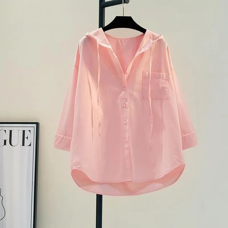Pink Hooded Shirt Thin Jacket Women's 2025 Spring and Summer New Single Flap Pocket Pants Casual Hooded Sun Shirt Cardigan Shirt Pink Hooded Shirt Thin Jacket Women's 2025 Spring and Summer New Single Flap Pocket Pants Casual Hooded Sun Shirt Cardigan Shirt
