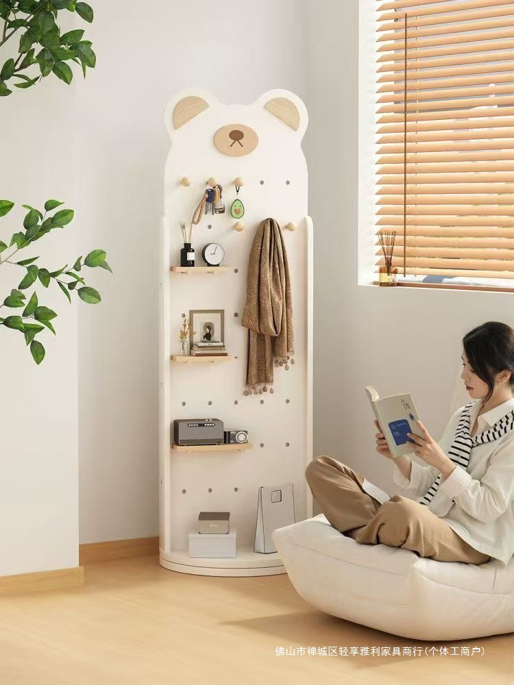 奶油穿衣镜全身镜落地镜子可旋转试衣镜洞洞板一体风家用衣挂