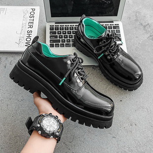ins Thick-soled All-match Height-increasing Men's Casual Black Leather Shoes Derby Shoes Niche Trendy Shoes British Style Men's Shoes