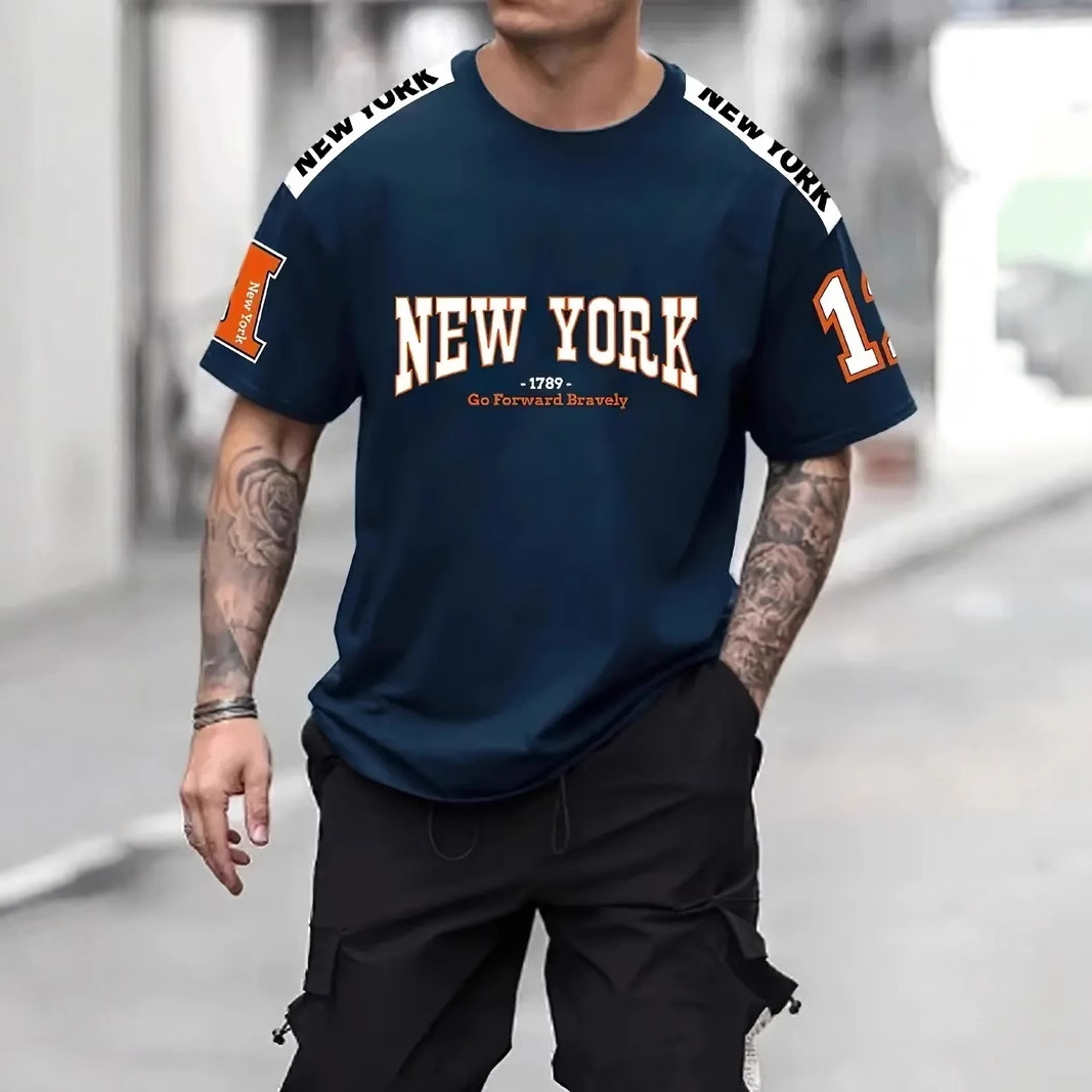 2024 Venta caliente Nueva York Lema 3D impresión hombres calle alta malla suelta transpirable deportes de manga corta camiseta de cuello redondo