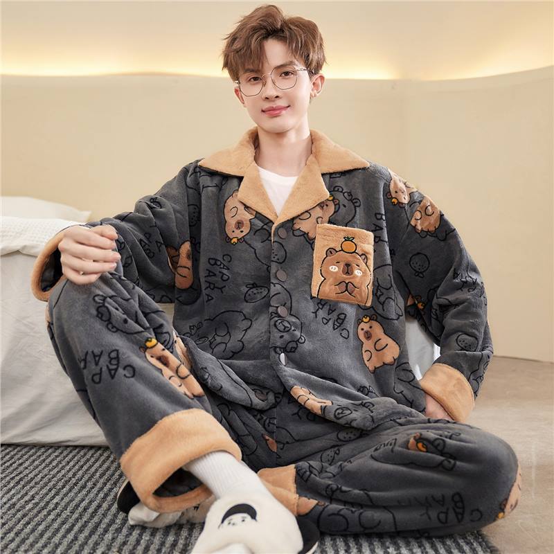 Coral Velvet Pajamas for Men in Autumn and Winter Fleece-Lined and Thickeneded Men's Plus Size Flannel Can Be Worn Outside Home Clothes Set