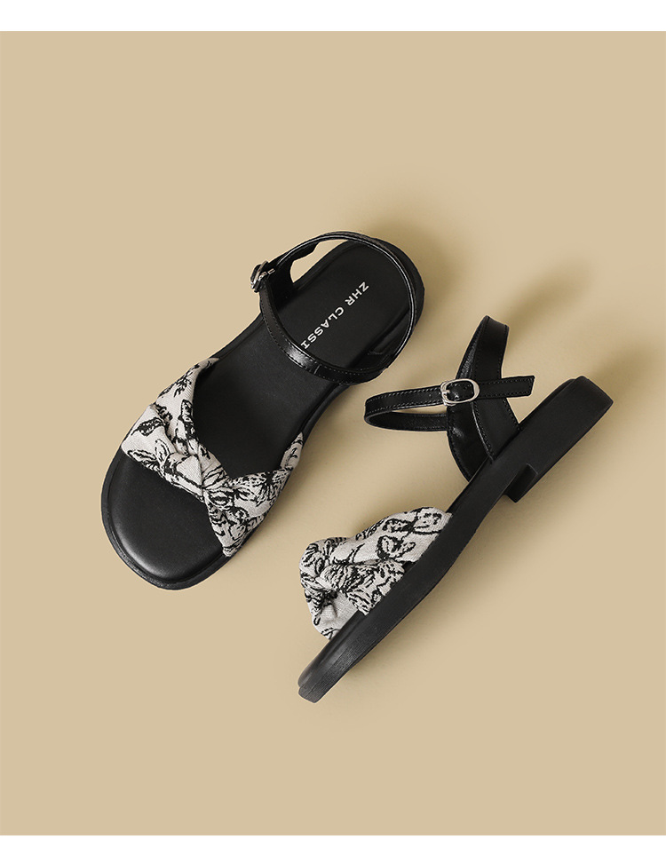 Sandal nữ quai ngang cổ điển họa tiết hoa, đế dày tăng chiều cao — AY373 Đen chi tiết 19