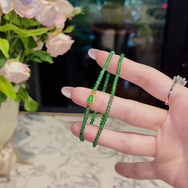 Graduation-Level "Green Beads and Gold Embellishments" Natural A-Grade Jade Bracelet for Women, Light Luxury Small Bead Gourd Bracelet