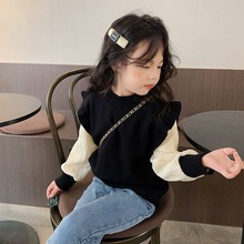 春秋女童装卫衣宝宝洋气儿童个性潮运动韩版蝴蝶结假两件花边上衣