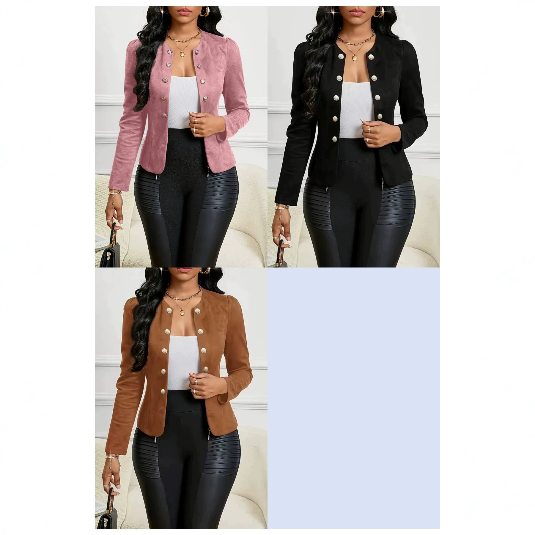 Amazon cross-border e-commerce slim fit round neck button-down long sleeve cardigan suede suit jacket for women.
