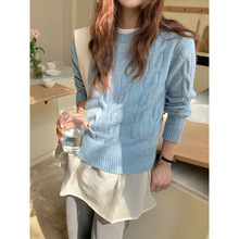 GAGD 绞花圆领拼接长袖羊毛针织毛衣女 韩系套头百搭显瘦毛衣上衣