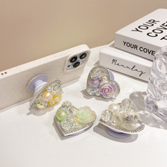 愛心水鑽奢華玫瑰花立體珍珠氣囊支架粘貼式手機殼支架ins風創意