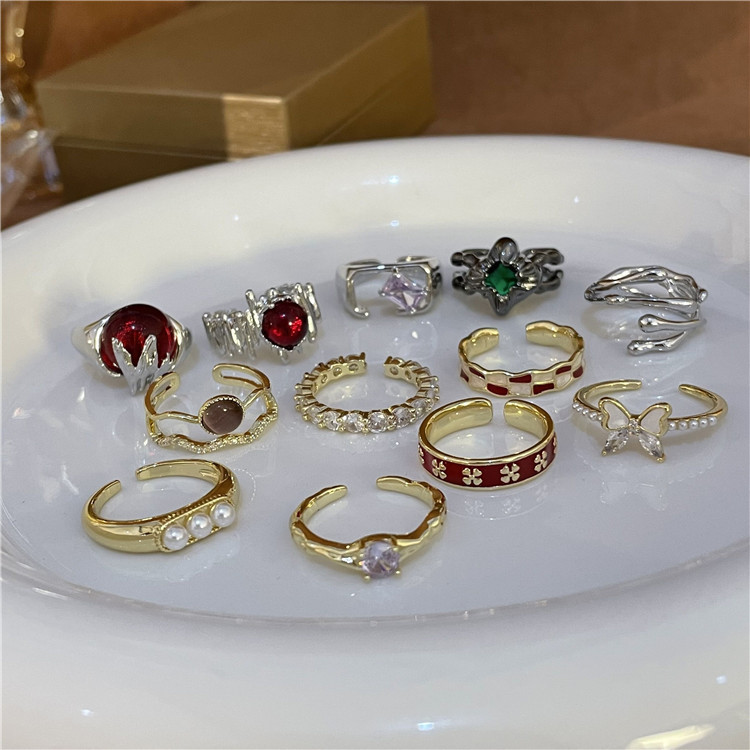 Retro Round Copper Plating Inlay Opal Pearl Zircon Rings 1 Piece