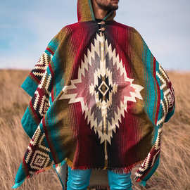 2025秋冬新款欧美民族风休闲印花连帽复古斗篷一体式套头外套男装