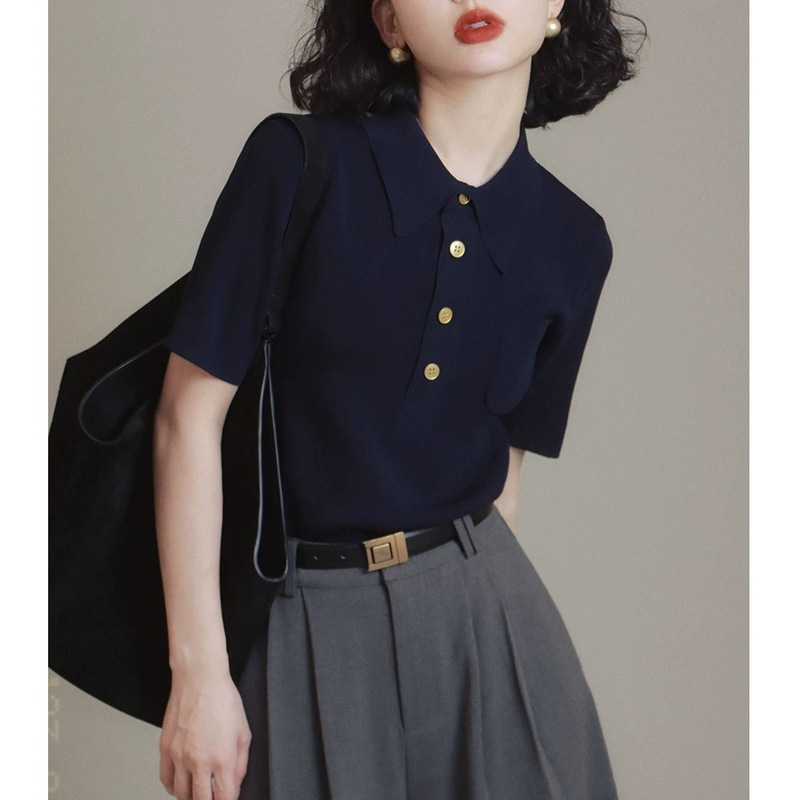Polo Lapel Ice Silk Knitwear Short-Sleeved Women's Summer Thin Slim Elegant Flap Pocket Pants T-Shirt Versatile Half-Cardigan Top
