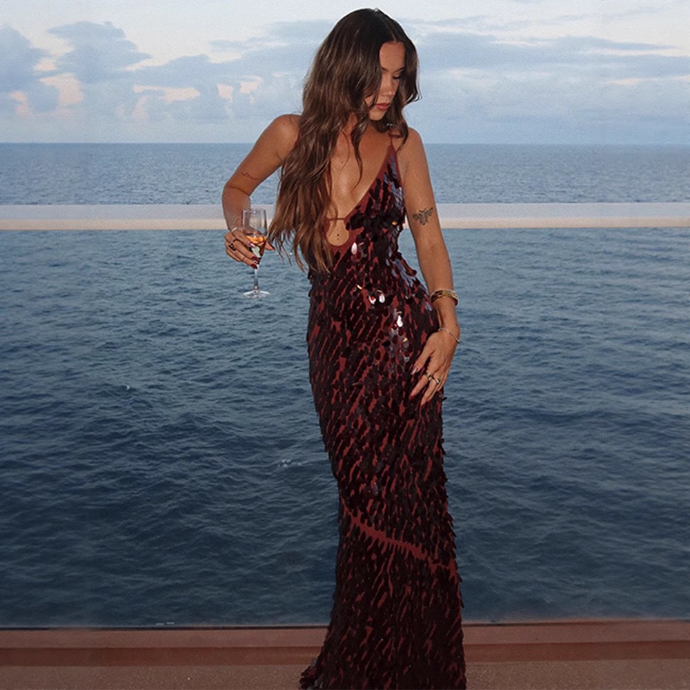 2025 European And American Sexy Women's Camisole Sequin Pure Desire Shiny Long Dress Cross-Border Hot Item Elegant_ecoleips.com