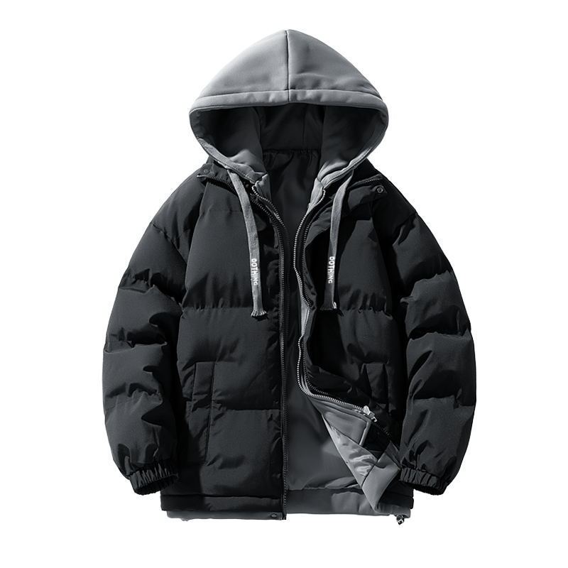 Winter hooded down cotton jacket for men, short style, faux two-piece, loose-fitting, thickened, warm puffer jacket