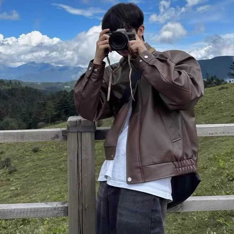 American Style Handsome Cleanfit Short Shoulder Pad Jacket Men's High-End Flight Jacket Maillard Leather Motorcycle Jacket