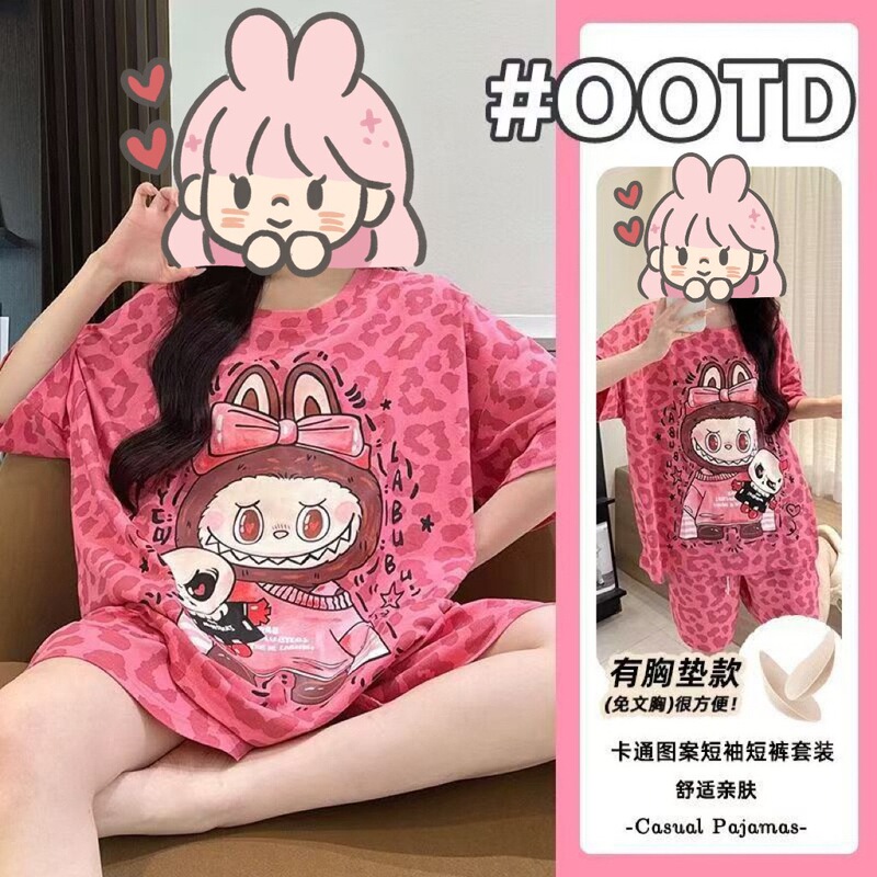 Douyin ライブブロードキャスト人気のクラウドコットンパジャマ女性用半袖ショーツ胸パッド付きルーズカレッジスタイルホームウェア女性用スーツ|undefined