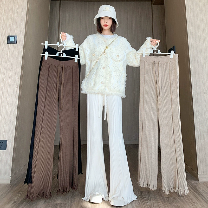 Real Shot Утолщенные мягкие клейкие абрикосовые вязаные широкие брюки с кисточками, женские повседневные брюки для мытья полов с вертикальной ямой и высокой талией на шнурке для похудения