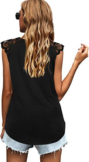 Abbigliamento da donna 2024 T-shirt canotta allentata in pizzo patchwork da donna estivo 2024 con maniche volanti_voghion.com