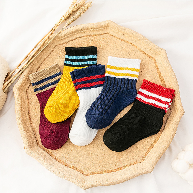 Kid's Socks Children Tube Socks Spring and Summer Tide Mid-Calf Length College Style Two Bars All-Matching Striped Students Autumn and Winter Sports Long Socks