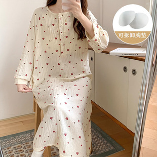 Cross-border Pajamas Women's 2024 Spring and Summer New Princess Style Loose Seven-point Sleeve Nightgown with Chest Pad Home Clothes for Outer Wear