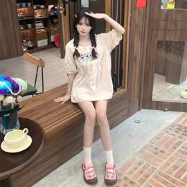 【原版做工】甜美短袖荷叶领衬衫女2024夏法式设计感宽松泡泡袖上