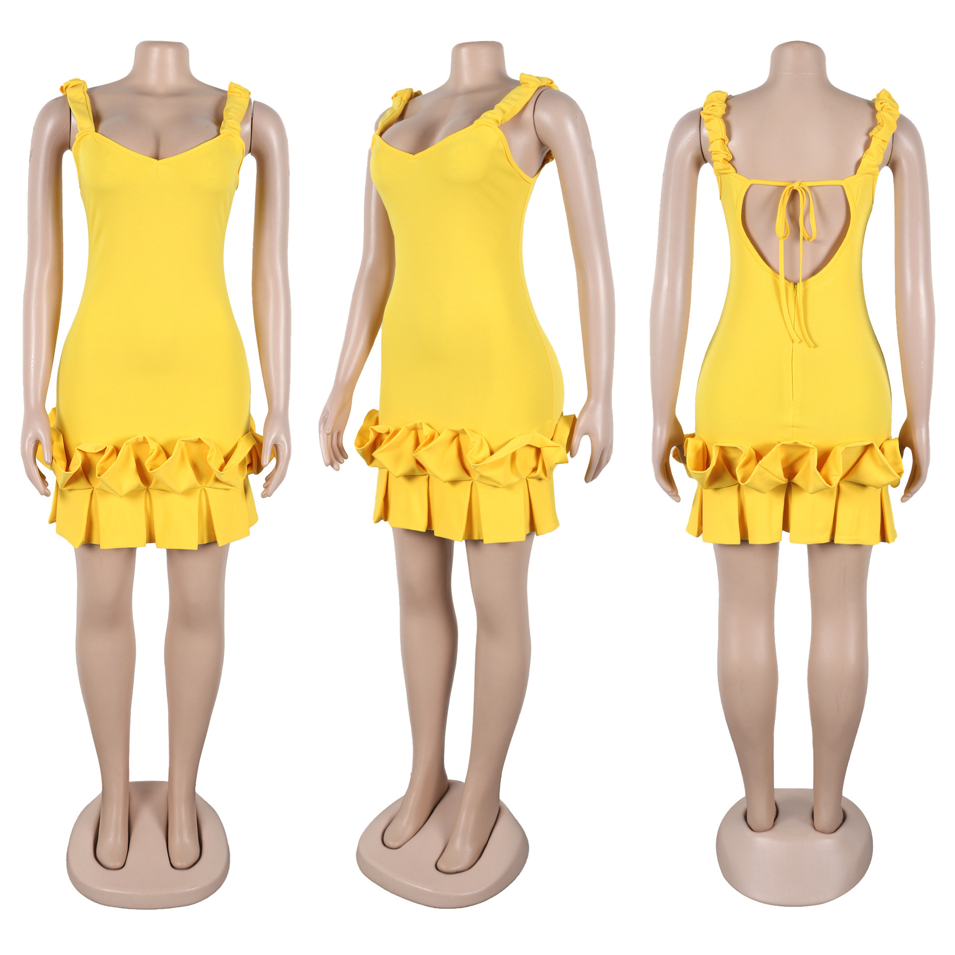 Women's Clothing Elastic Waist Pleated Lace Backpack Dress Hip-Fitting With Solid Color_ecoleips.com