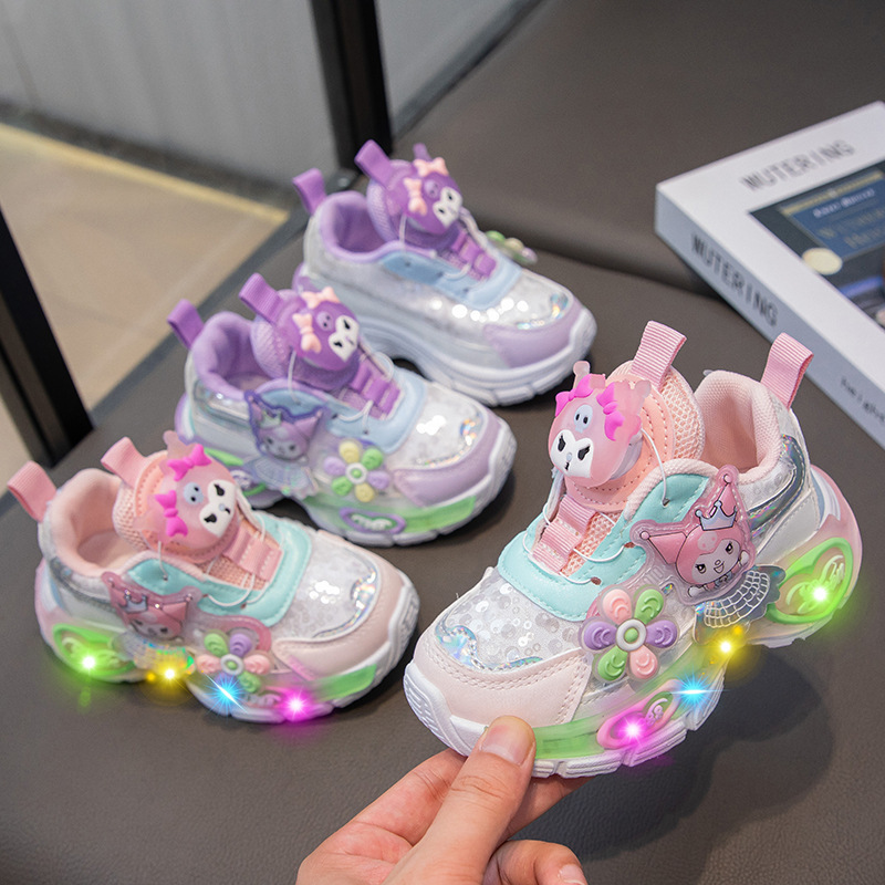 Girls' Culomi 2024 Autumn New Sequin Double Net Rotating Button sneaker Children's Breathable Lights Torre Shoes