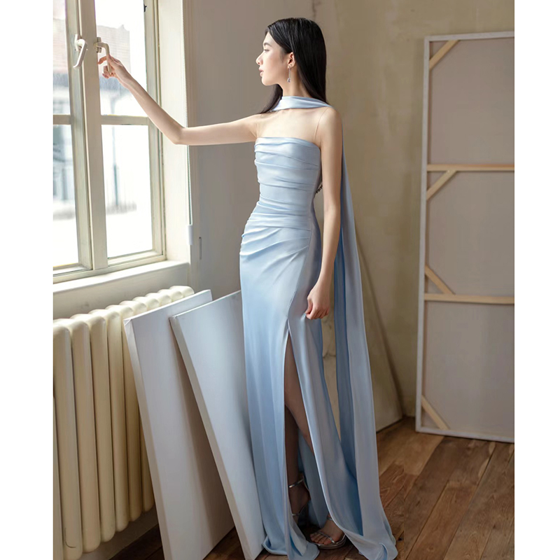 Blue Evening Dress for Women 2026 New High-End Luxury Niche Strapless Engagement French Haute Couture Dress