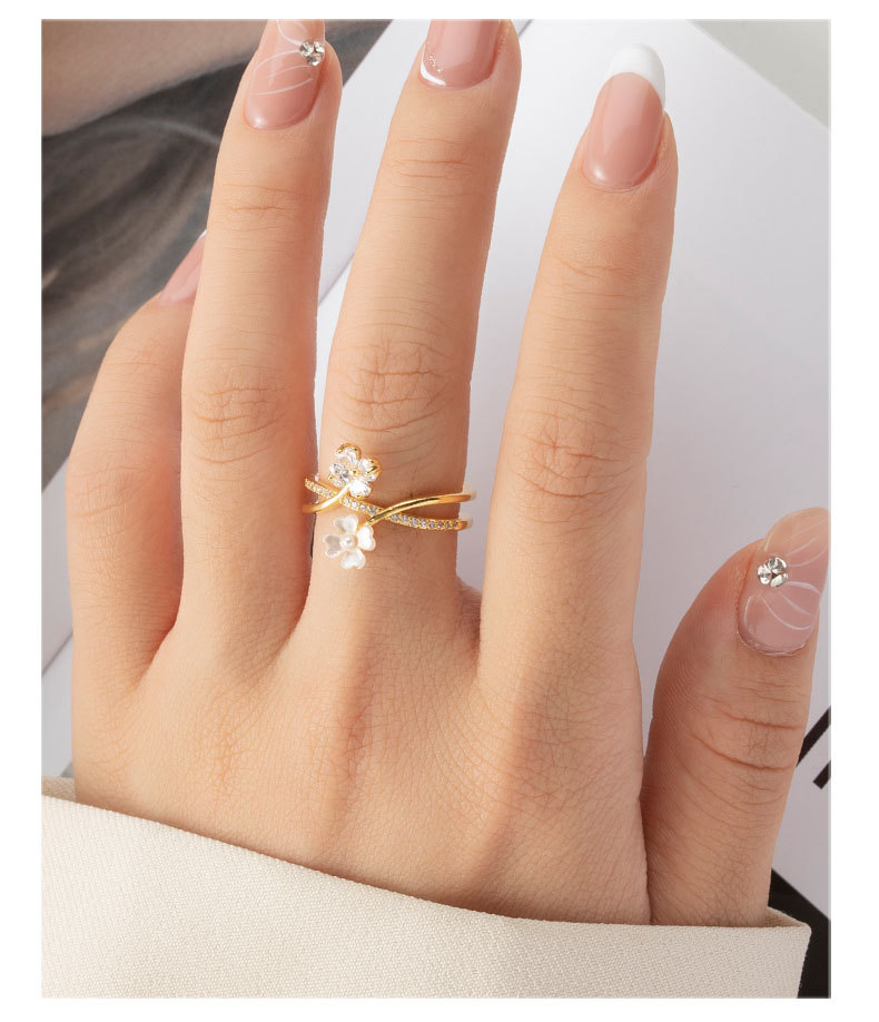 跨境时尚复古双排小花朵开口戒小众轻奢高级感食指戒新