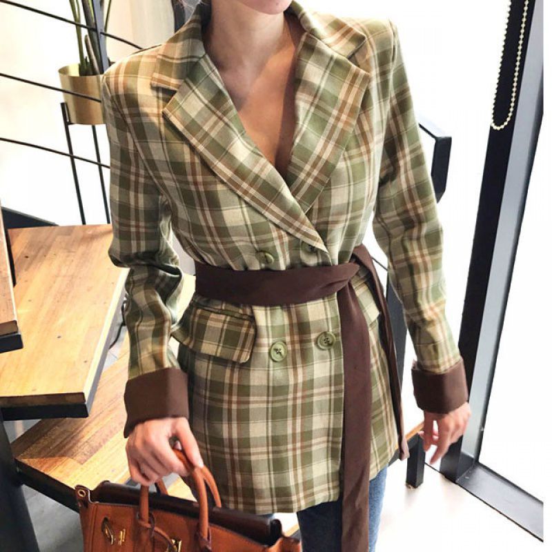 the republic of korea chic Autumn and winter Retro British style Lapel Double-breasted temperament White and green Plaid suit coat