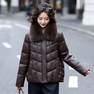 海宁真皮皮衣女式短款狐狸毛领外套加厚羽绒服女装绵羊皮羽绒服