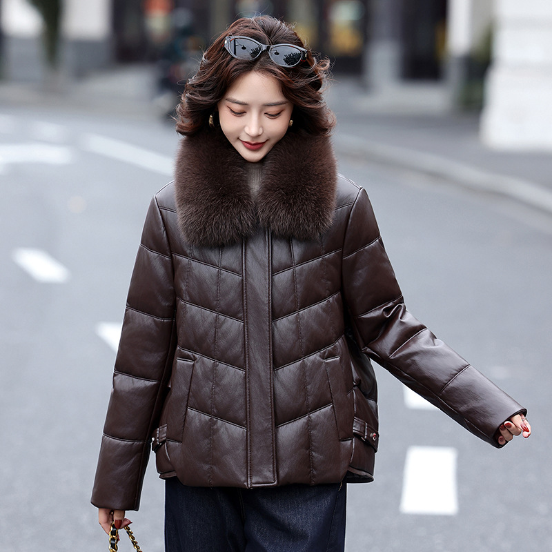 海宁真皮皮衣女式短款狐狸毛领外套加厚羽绒服女装绵羊皮羽绒服