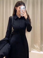 秋冬赫本风连衣裙高级感收腰气质polo领衬衫重要场合漂亮长裙子