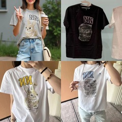 25春夏新作ニッチデザインウサギ猫プリントラウンドネックルーズコットン半袖Tシャツトップ