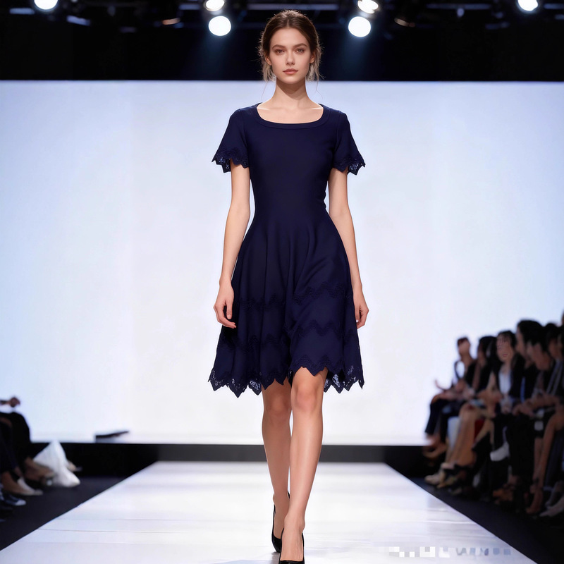 Cross-Border European and American Export Alaia Round Neck Short-Sleeved Knitted Jacquard A-Hem Elegant Classy Dress for Women