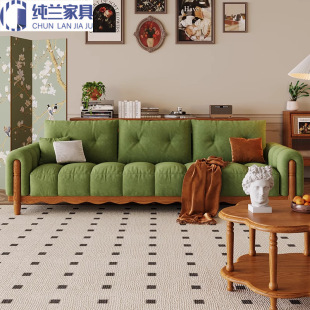 French Style Solid Wood Sofa Straight Row Antique Style Living Room 2024 New Style Detachable Washable Ash Fabric Sofa for Small Apartment