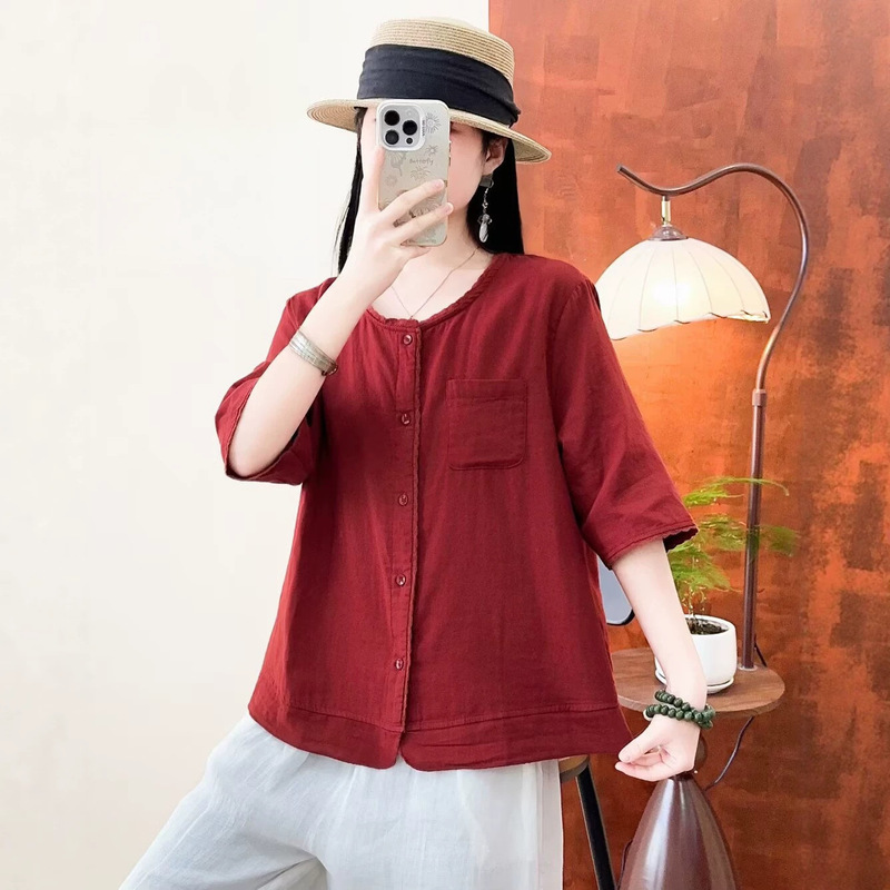 Cotton Gauze Short-Sleeve Shirt for Women 2025 Vintage Simple Lace Trim Single-Breasted Double-Layer Gauze Pocket Casual Top Cotton Gauze Short-Sleeve Shirt for Women 2025 Vintage Simple Lace Trim Single-Breasted Double-Layer Gauze Pocket Casual Top