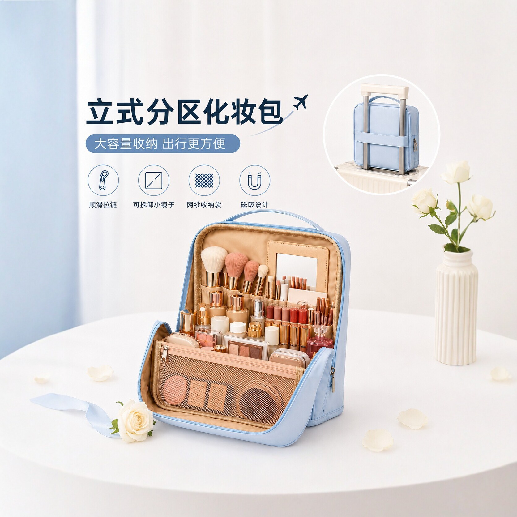 2026 new large-capacity portable travel organizer bag, stylish design with mirror, minimalist and trendy, perfect as a hand-held makeup bag