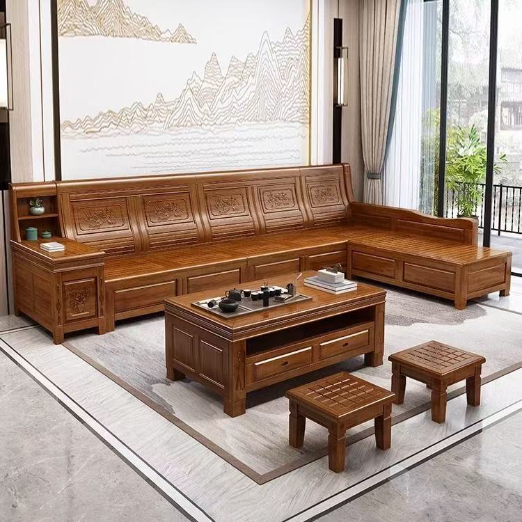 Camphor Wood Solid Wood Sofa Set with Carved Storage Sofa, Classical Wooden Corner Sofa for Living Room, Suitable for Both Winter and Summer Use