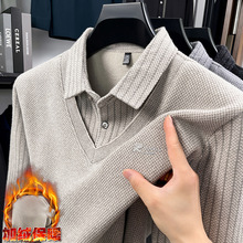 假两件条纹翻领T恤男士冬季加绒加厚中年爸爸装休闲保暖毛衣男装