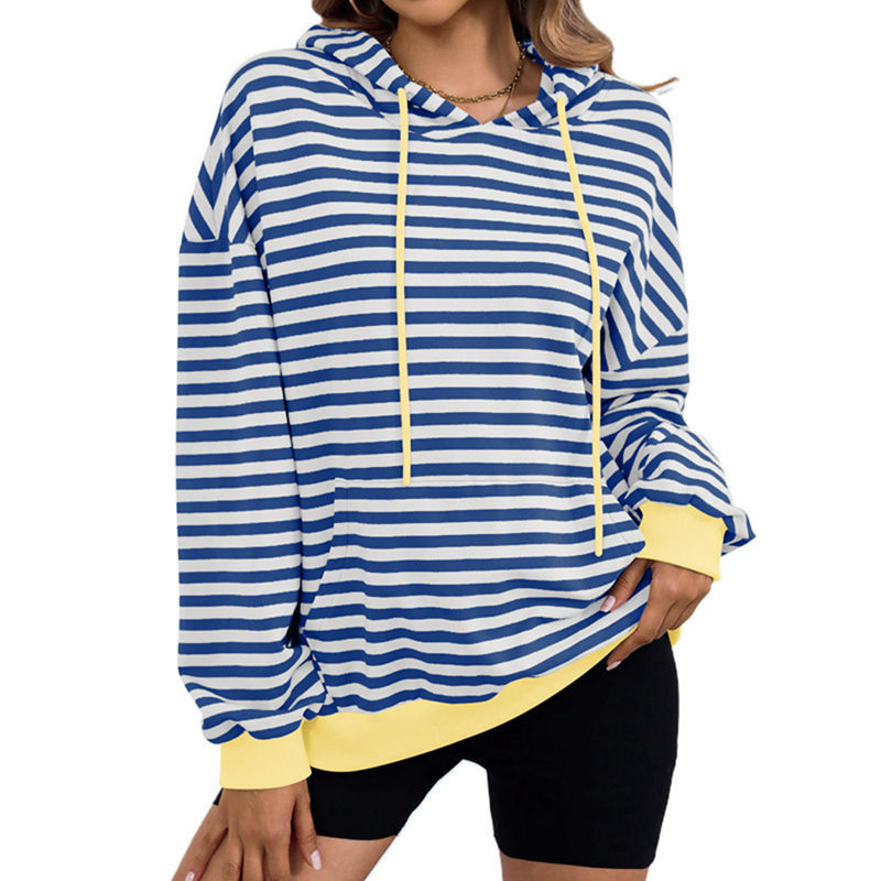 Autumn And Winter Printed Striped Hooded Color Block Pocket Sweatshirt_voghion.com