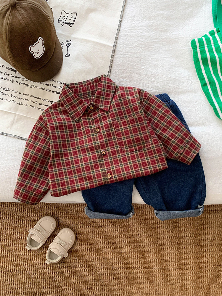 2024 primavera y otoño camisa de niños a cuadros de color fresco de Corea del Sur para niños y niñas camisa de manga larga a cuadros de algodón neutro