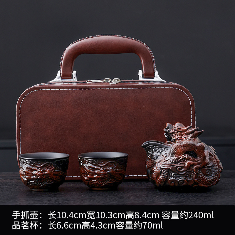 紫陶全手工堆雕飞龙手抓壶旅行茶具不烫手一壶两杯功夫茶具套装|undefined