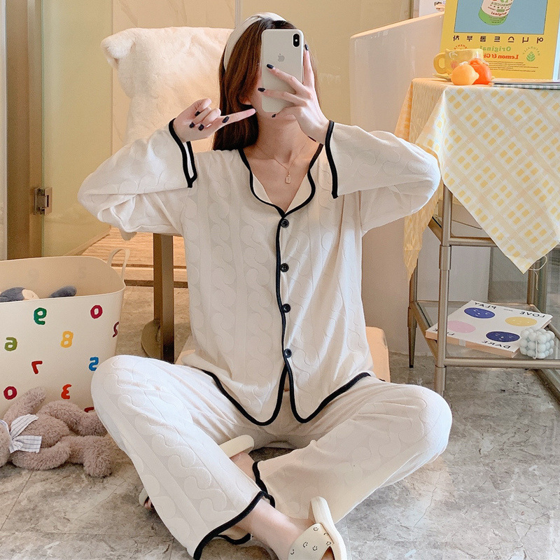 2023秋季睡衣少女小香风坑条甜美可爱家居服套装开衫纯色清新学生