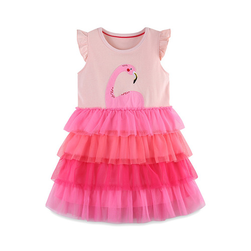 2024 Western and European Style Girls' Short-Sleeve Dress Summer Cartoon Patchwork Crew Neck Girl Sheer Dress Cute Princess Dress