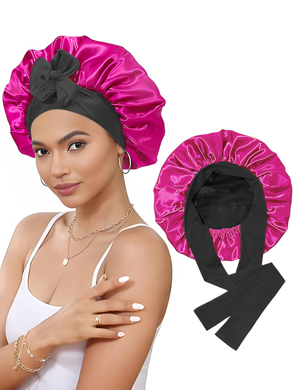 双层色丁睡帽飘带圆帽蝴蝶结仿真丝美容发帽双面戴bonnet|undefined