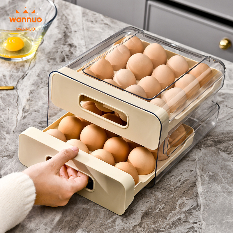 Caja de almacenamiento de huevos con cajón de doble capa para cocina, estante para huevos a prueba de caídas de grado alimenticio transparente especial para refrigerador doméstico