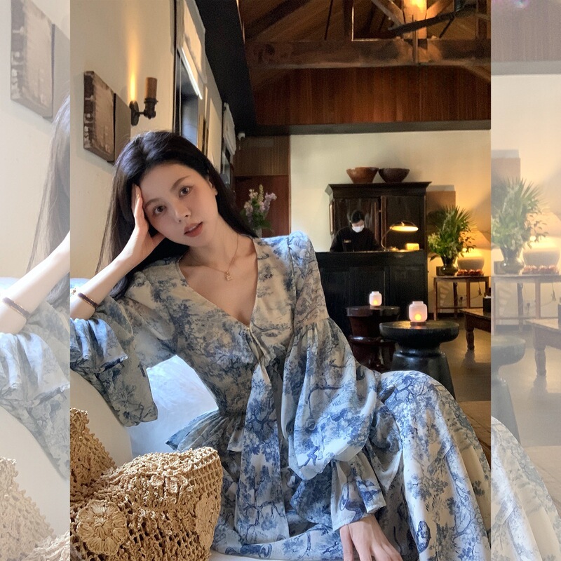 French-Style Stunning Floral Chiffon Long-Sleeve Dress for Women, Summer Beach Vacation, High-End Elegant Waist-Cinching Long Dress