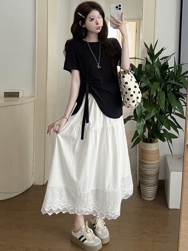 Maternity Summer Outfit, Fashionable and Stylish, Casual Loose-Fitting Pure Cotton Drawstring Short-Sleeved Top and Skirt Two-Piece Set