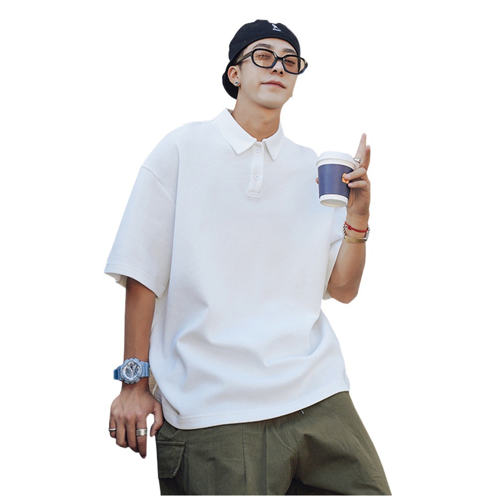 Camisa de polo de verano de los Hombres estilo de Hong Kong suelta solapa de color sólido Camiseta de manga corta simple camisa de manga corta juvenil de todo fósforo moda