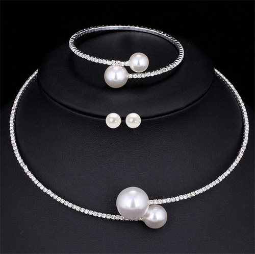 European and American Jewelry Minimalist Clavicle Necklace, Earrings, Bracelet Set Diamond-encrusted Large Pearl Open Necklace Jewelry